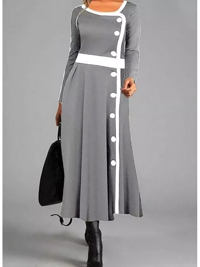  Women's Maxi long Dress Shift Dress Gray Long Sleeve Button Color Block Crew Neck Fall Winter 2022 M L XL XXL 3XL
