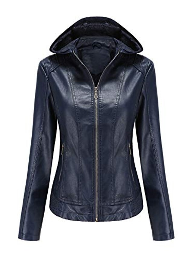  Women's Faux Leather Jacket Hoodie Jacket Pocket Basic Casual Casual Daily Date Valentine's Day Coat Short Faux Leather Camel Black Dark Blue Fall Winter Spring Hoodie Regular Fit XS S M L XL