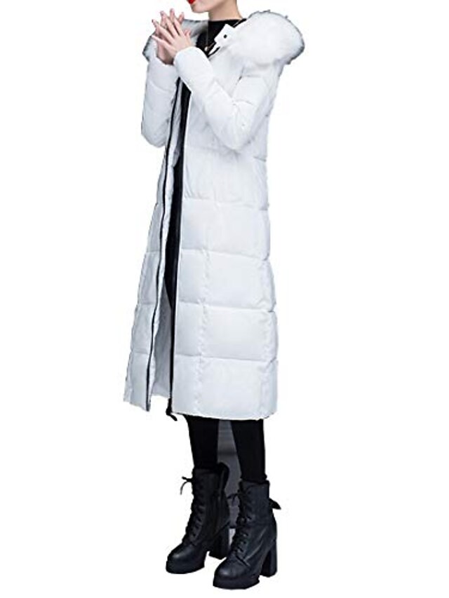  manteau d'hiver en duvet long épaissi coupe-vent pour femme avec capuche en fausse fourrure blanc