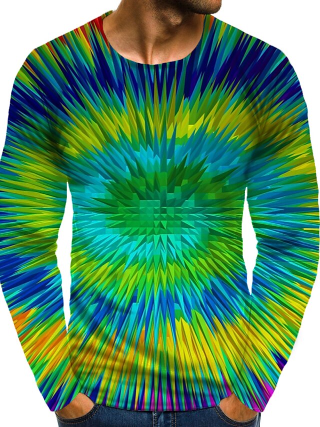  Herre Daglig 3D-udskrivning T-shirt Skjorte Plusstørrelser Grafisk 3D Print 3D Langærmet Trykt mønster Toppe Rund hals Regnbue / Sport