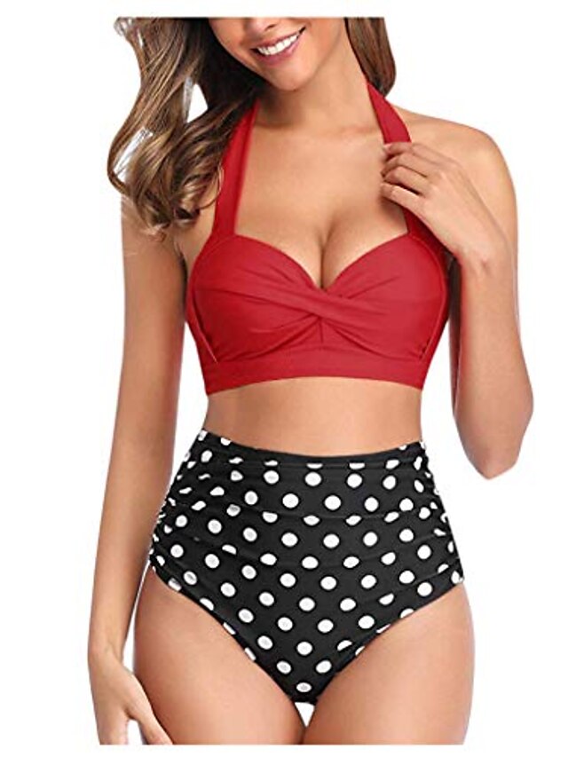  swimsuits for womens two piece high waist bikini set push-up ruched swimwear print beachsuit red