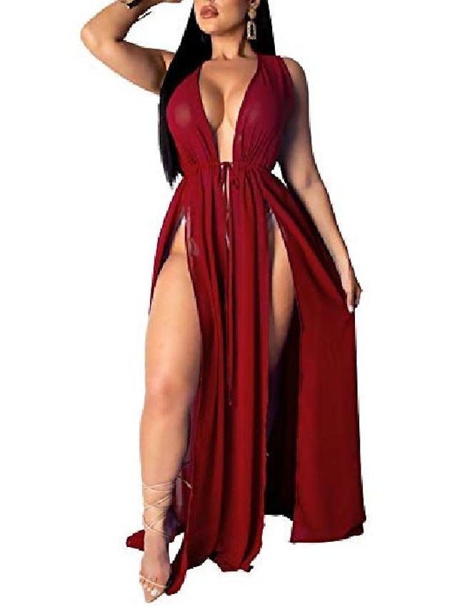  women's sexy beachwear swimsuit cover up swimwear bikini split long maxi dresses (xx-large, wine red)