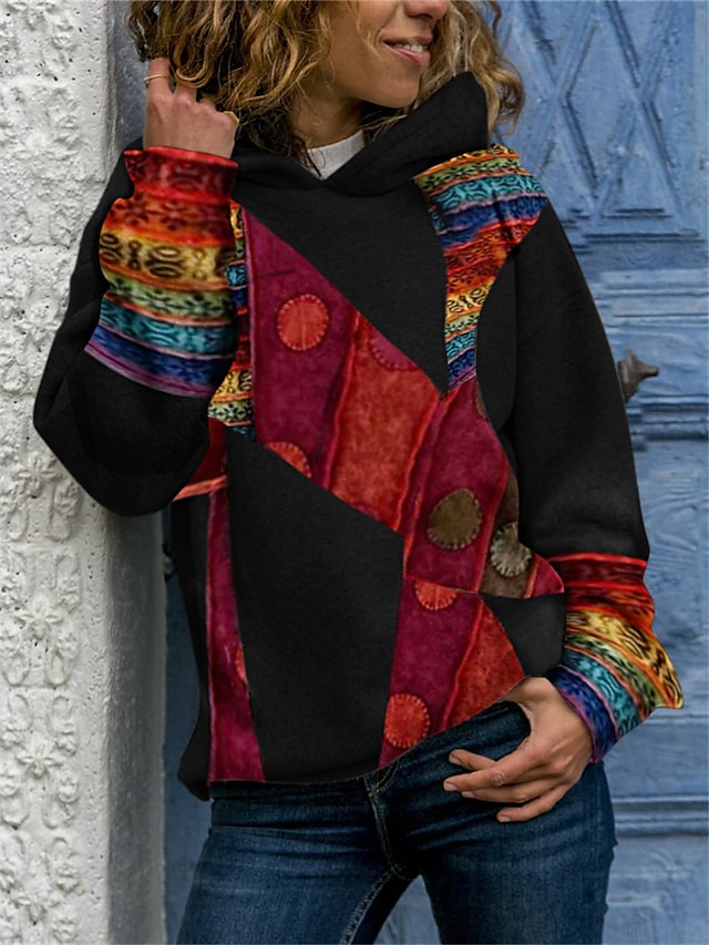  Dame Geometrisk Baja Hattetrøje bluse Daglig Afslappet Hættetrøjer Sweatshirts Løstsiddende Blå Lilla Kakifarvet