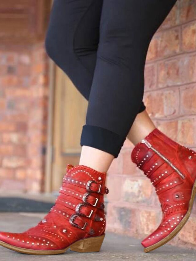  Women's Boots Motorcycle Boots Cowboy Western Boots Chunky Heel Pointed Toe Booties Ankle Boots Vintage Daily PU Rivet Solid Colored Black Red / Mid-Calf Boots
