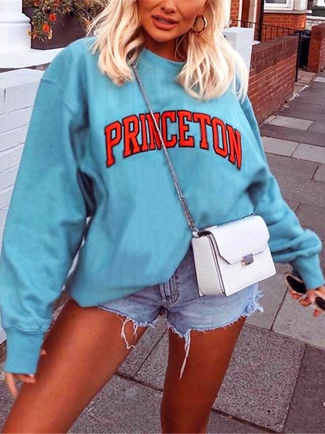 Women's Hoodie Sweatshirt Graphic Text Graphic Prints Daily Basic Casual Hoodies Sweatshirts  Cotton Loose Blue / Letter