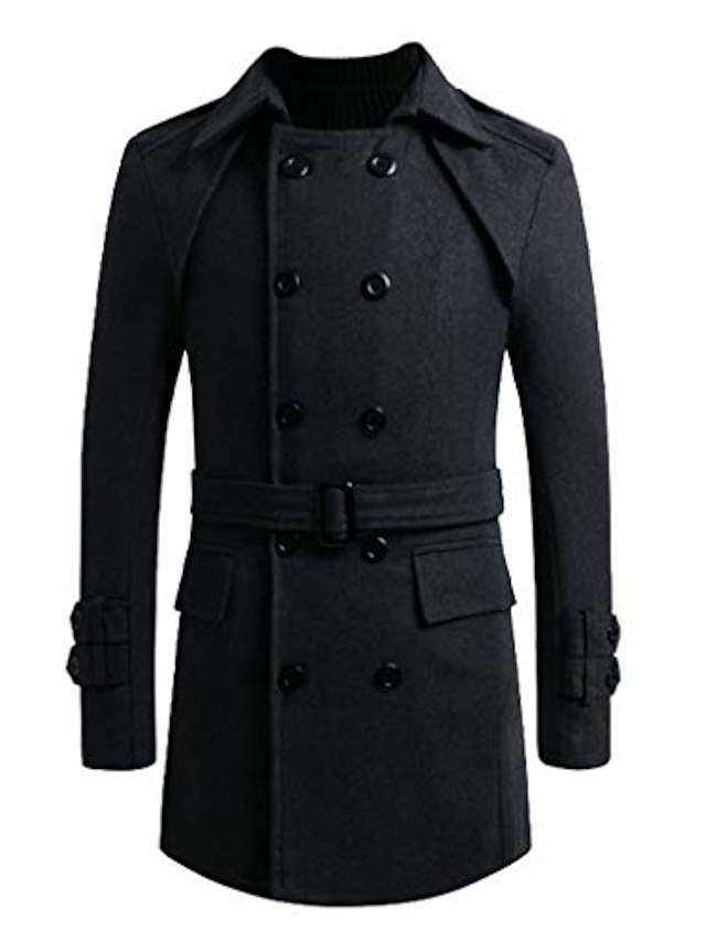  men's  blend trench coat slim fit overcoat outwear jacket with belt gray