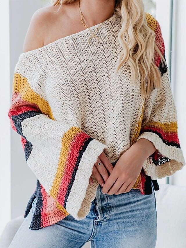  Women's Stylish Knitted Striped Pullover Acrylic Fibers Long Sleeve Sweater Cardigans Off Shoulder Fall Winter Black Beige
