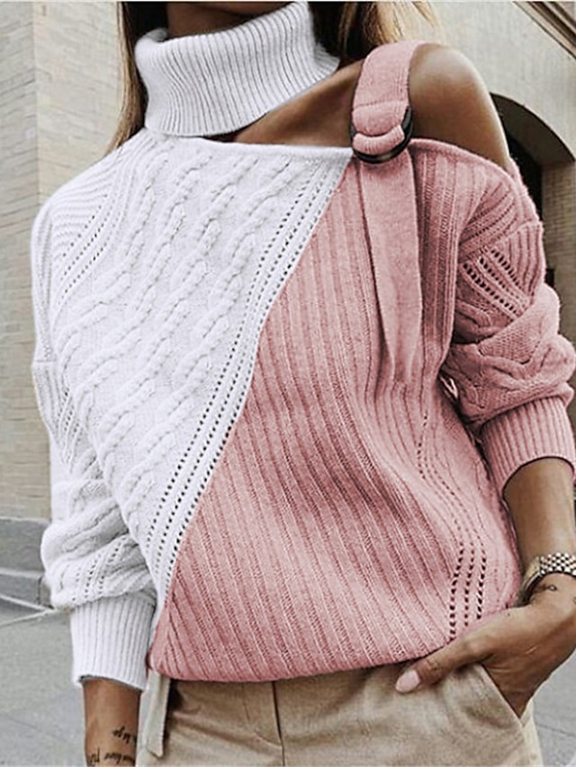  Women's Knitted Color Block Pullover Long Sleeve Sweater Cardigans Turtleneck Fall Winter Black Blushing Pink Brown