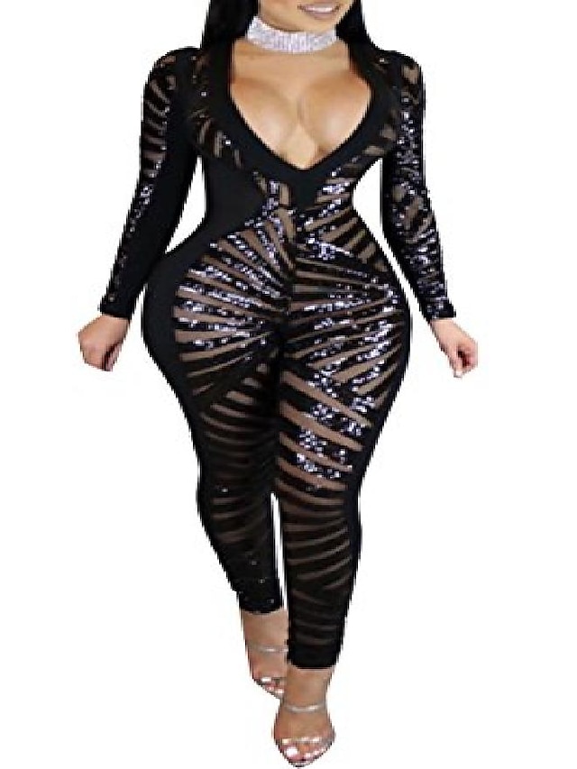  women sexy sequin deep v neck long sleeve bodycon party clubwear jumpsuit romper black small