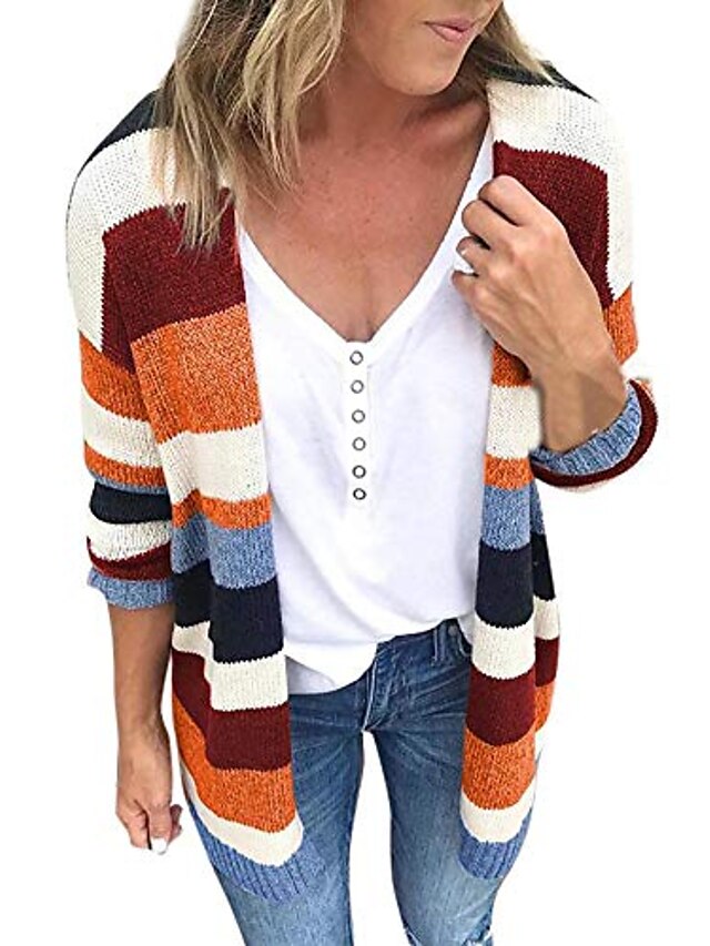  hosome feminino suéter casaco listras arco-íris manga comprida cardigan patchwork feminino tops