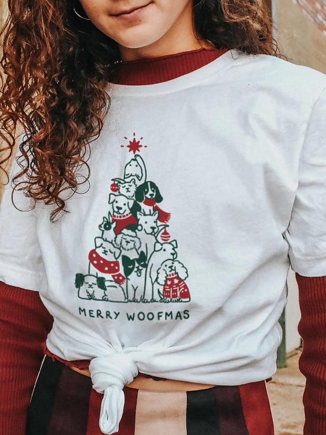  Women's Christmas T shirt Graphic Graphic Prints Letter Print Round Neck Tops 100% Cotton Basic Christmas Basic Top White Black Red