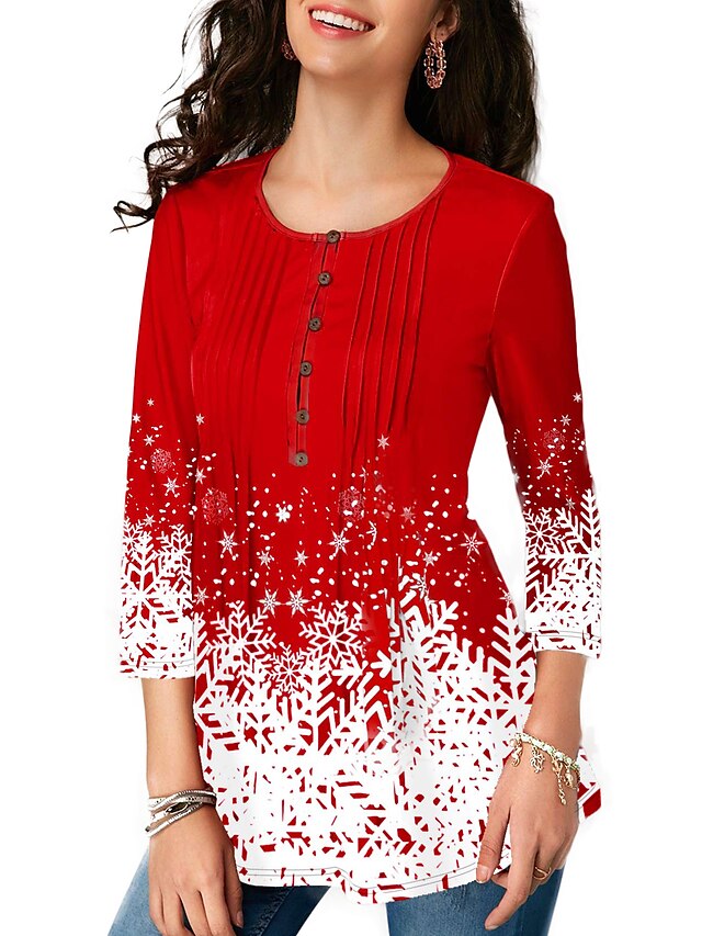  Women's Tunic Color Block Snowflake Ruffle Print Round Neck Tops Red