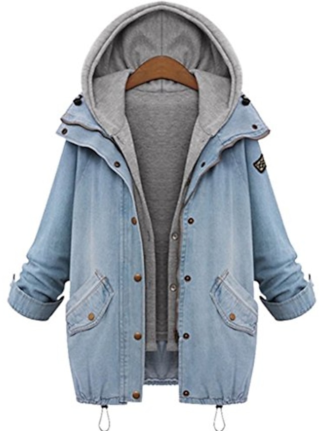  Women's Jacket Denim Jacket Hoodie Jacket Pure Color Hoodie Causal Daily Coat Regular Cotton Light Blue Single Breasted Two-button Fall Winter Hoodie Regular Fit M L XL XXL XXXL 4XL / Solid Color