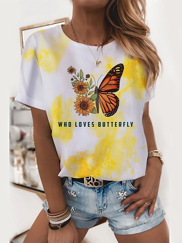  Women's Daily T shirt Tee Short Sleeve Butterfly Tie Dye Graphic Prints Round Neck Print Basic Tops Green White Purple M