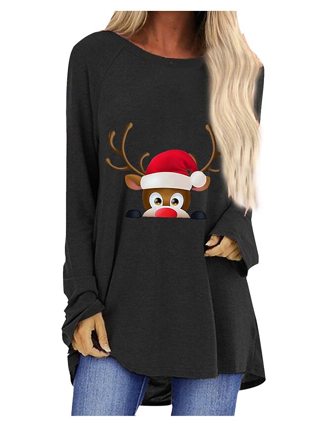  Women's T shirt Tee Black White Red Graphic Prints Reindeer Long Sleeve Christmas Gift Christmas Round Neck