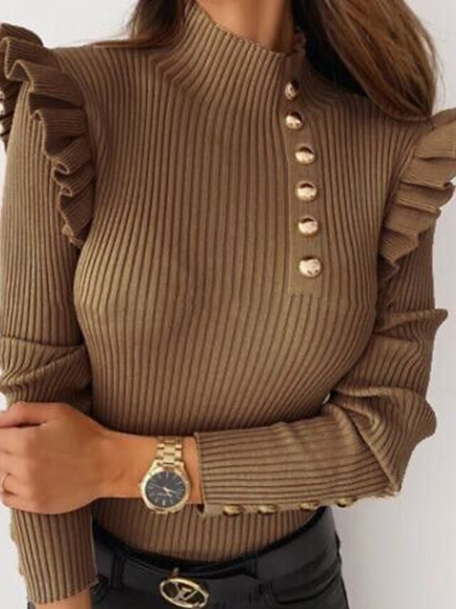  Per donna Camicia Blusa Nero Bianco Cachi Liscio Con balze Pulsante Manica lunga Collo alto Standard Taglia piccola S