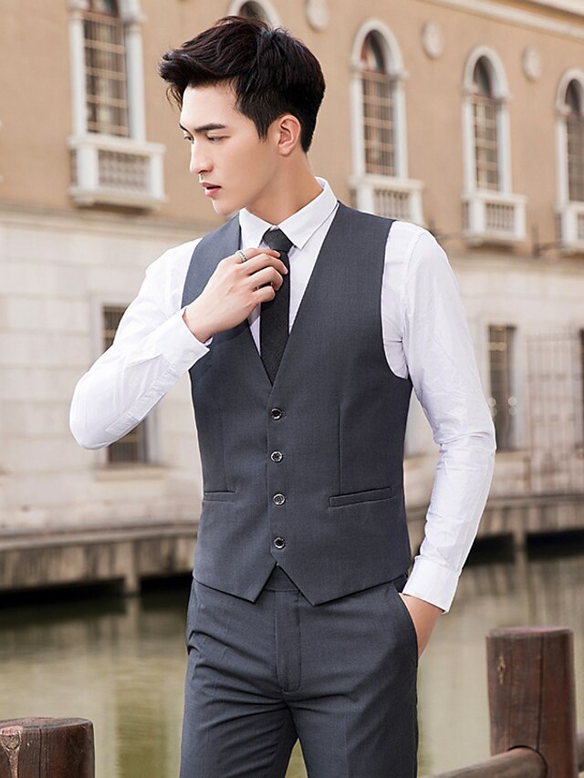  terno masculino slim fit 3 peças jaqueta blazer de dois botões colete vestido com calças plissadas na frente cinza