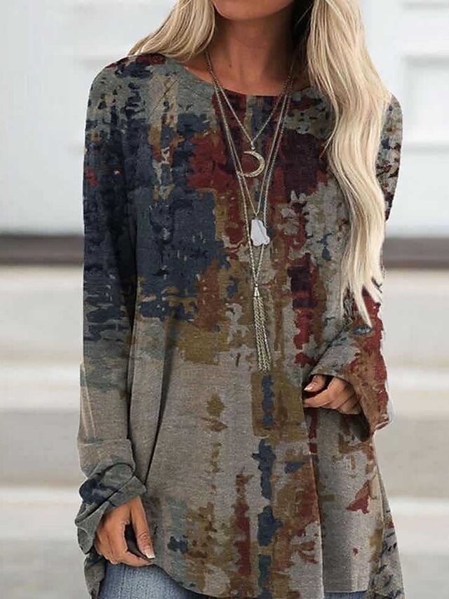  Women's Blouse Shirt Abstract Long Sleeve Print Round Neck Tops Basic Top Gray