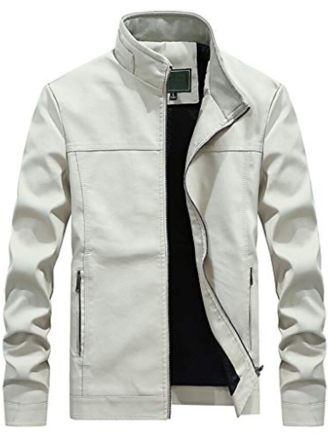  motorcykel jakke mænd, mænds efterår mode ren farve stå krave imiteret jakke frakke hvid
