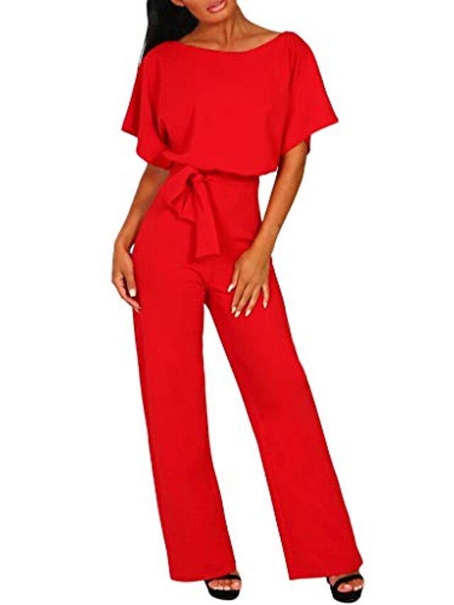  Women's Jumpsuit Solid Color Belted Formal Crew Neck Daily Holiday Long Sleeve LT065 Apricot LT065 pink LT065 red S M L Spring