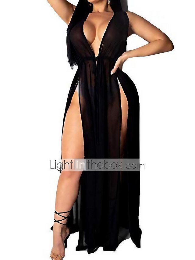 lingerie sexy pour femmes maille voir à travers la robe de nuit fente vêtements de nuit sexy clubwear bikini cover up (xl, noir sans manches)