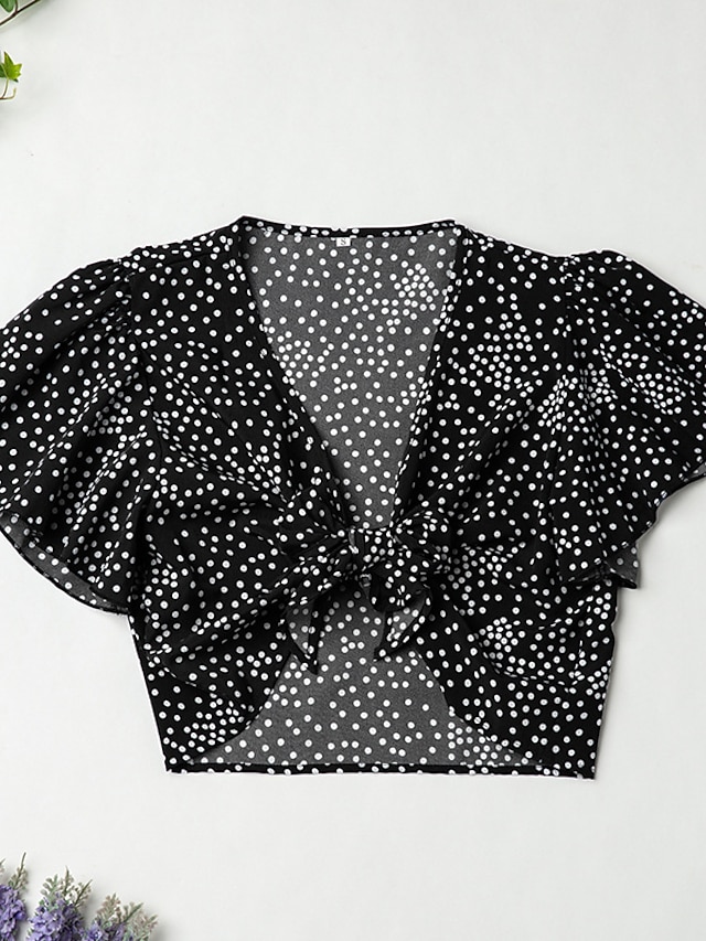  Women's Blouse Polka Dot Knotted Round Neck Tops Sexy Basic Top Black Blue Red / Crop