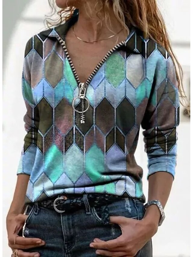  Per donna maglietta Monocolore Stampe astratte Manica lunga Con stampe A V Colletto Top Essenziale Top basic Blu Viola Giallo
