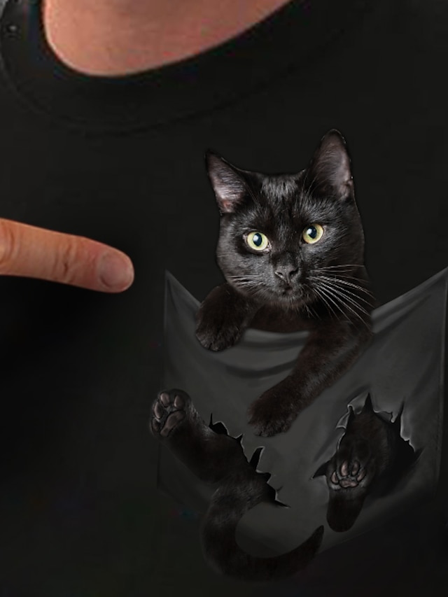  Damen Katze 3D Grafik-Drucke Täglich 3D Cat Kurzarm T Shirt Rundhalsausschnitt Bedruckt Basic Oberteile Weiß Schwarz S