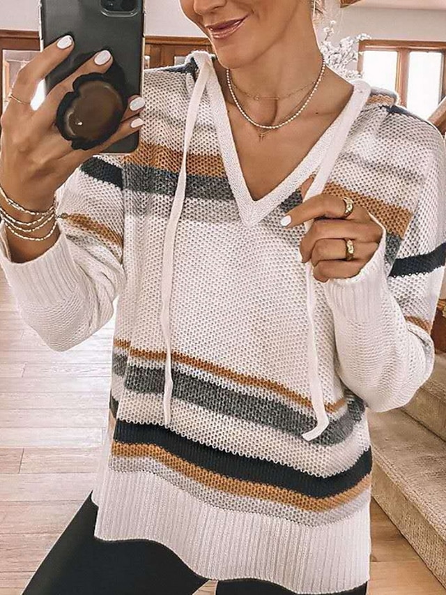  Women's Pullover Color Block Basic Long Sleeve Sweater Cardigans Fall Winter V Neck Beige