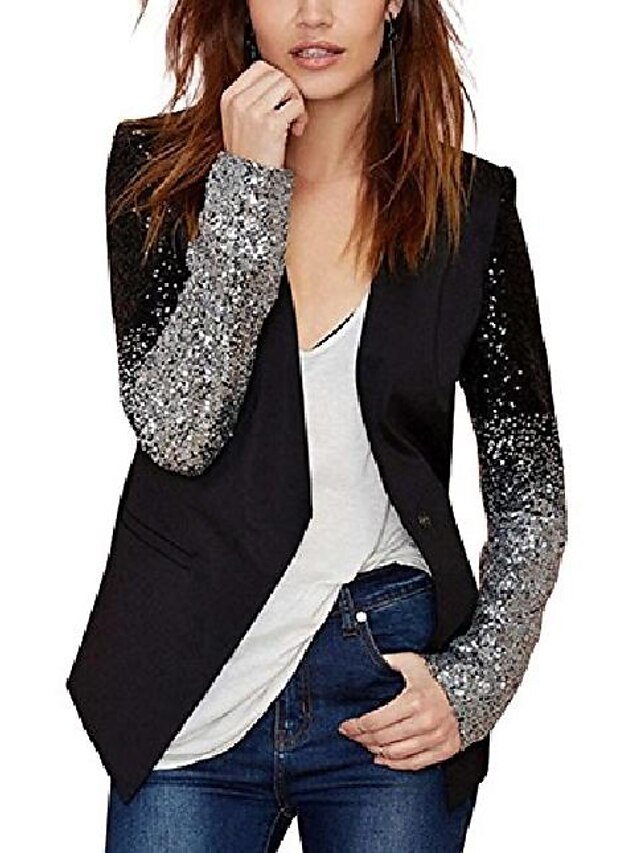  blazer feminino patchwork de lantejoulas com brilho, preto, médio
