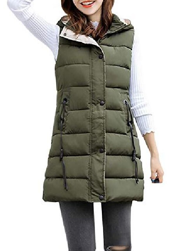  Chaqueta de invierno sin mangas con chaleco acolchado acolchado con capucha de longitud media para mujer (negro, grande)