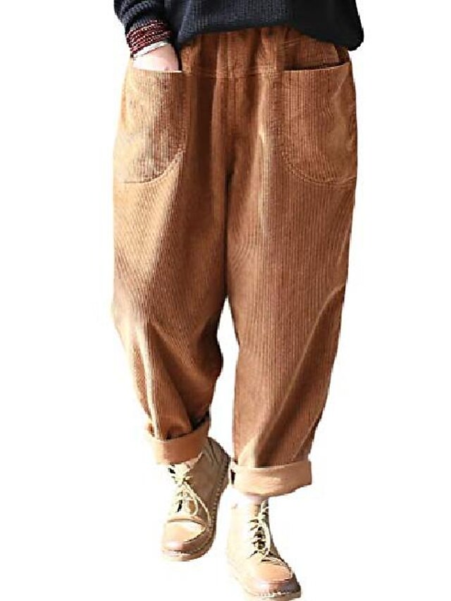  pantalon sarouel décontracté femme en velours côtelé uni avec poches avant (m, velours côtelé-marron)