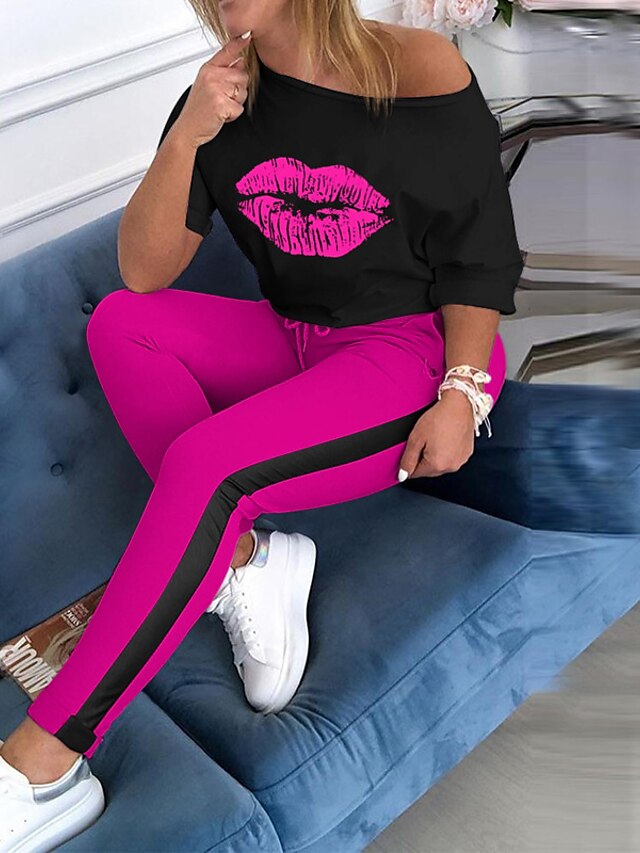 Damen Grundlegend Bedruckt Zweiteiliges Set Hose Loungewear Jogginghosen Trainingsanzug Hosen-Sets T-Shirt Patchwork Bedruckt Oberteile