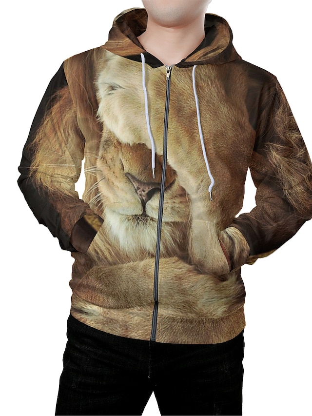  Men's Graphic 3D Animal Zip Up Hoodie Sweatshirt Front Pocket 3D Print Daily Weekend 3D Print Hoodies Sweatshirts  Brown