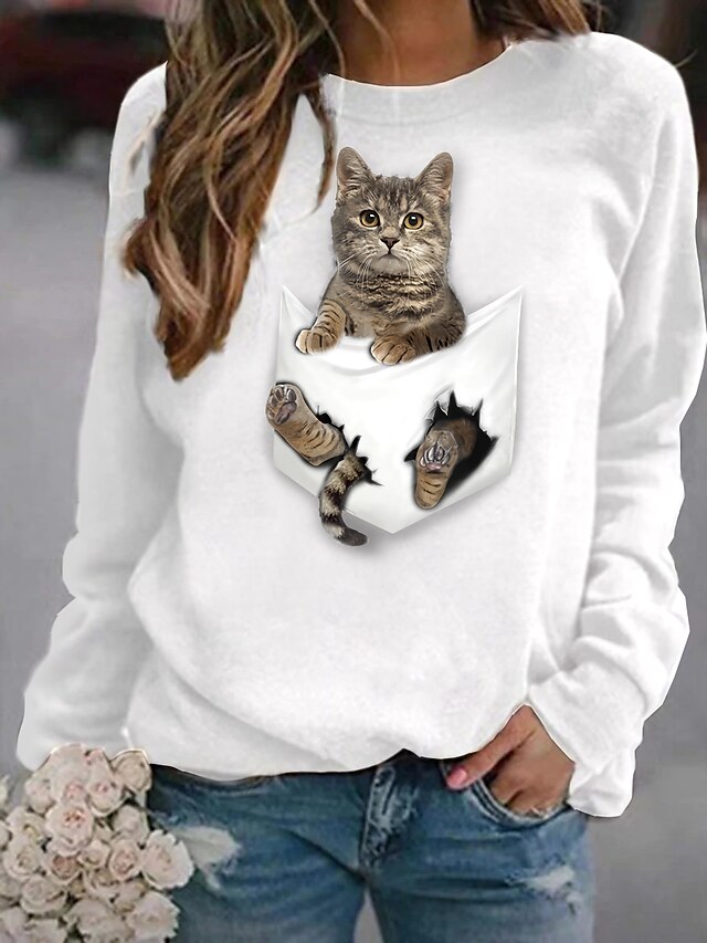  Women's Hoodie Sweatshirt Pullover Basic Casual Black White Graphic Cat 3D Daily Long Sleeve Round Neck