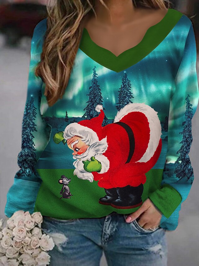  Women's Christmas T shirt Cat Graphic 3D Long Sleeve Print Round Neck V Neck Tops Basic Casual Christmas Basic Top Black Green