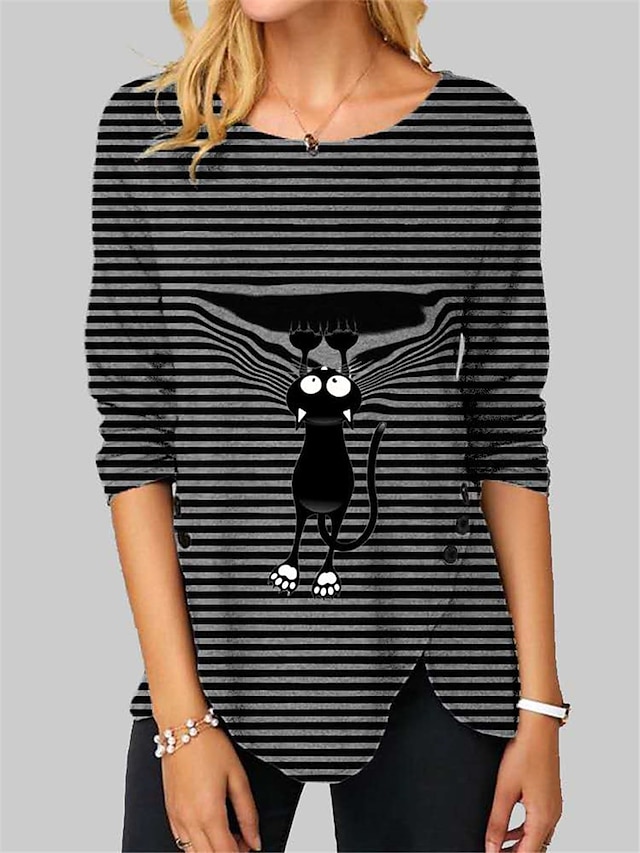 Women's T shirt Striped Cat Graphic Prints Long Sleeve Button Print Round Neck Tops Basic Basic Top Dark Gray Combo Silver Gray Black