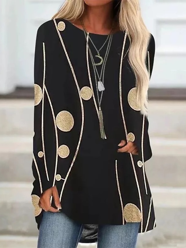  Women's Tunic T shirt Dress Tunic Shirts Striped Abstract Patchwork Print Home Daily Tunic Chinoiserie Long Sleeve Round Neck Black Fall & Winter
