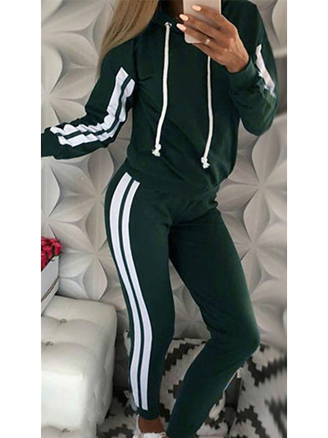  Women's Striped Daily Wear Two Piece Set Hoodie Tracksuit Pant Loungewear Jogger Pants Patchwork Tops