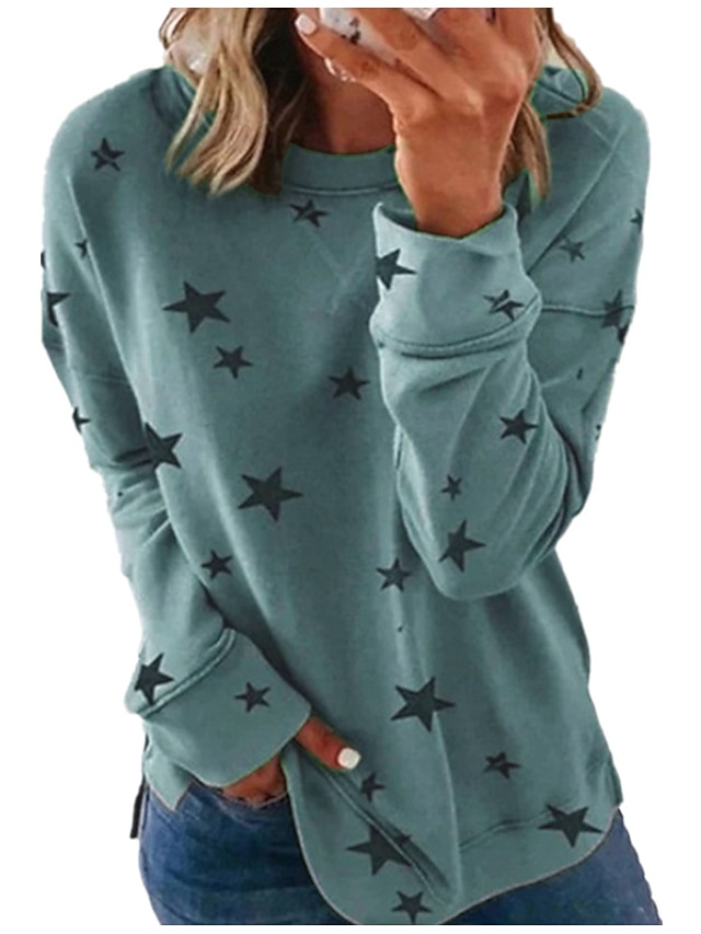  Women's Hoodie Sweatshirt Pullover Print Active Casual White Wine Army Green Graphic Star Daily Loose Fit Round Neck Long Sleeve