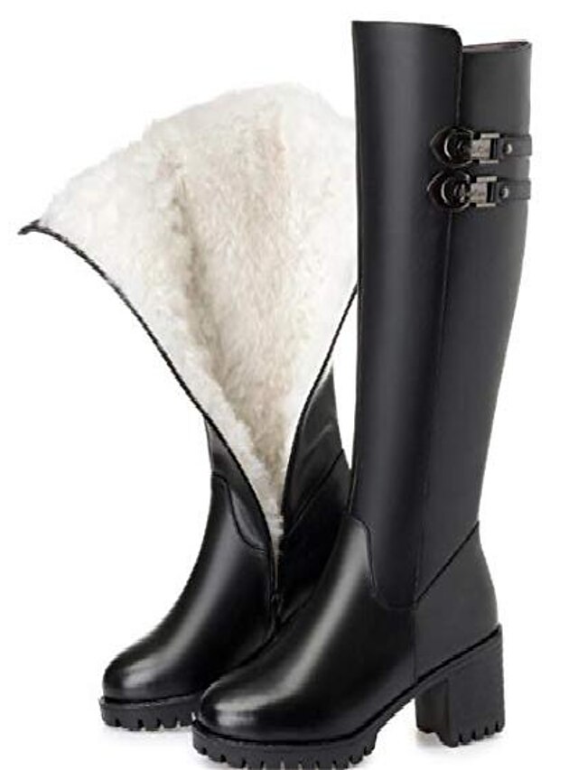  Botas de invierno de cuero genuino para mujer, botas de nieve de tacón alto de lana, botas de nieve cálidas, lana negra 6