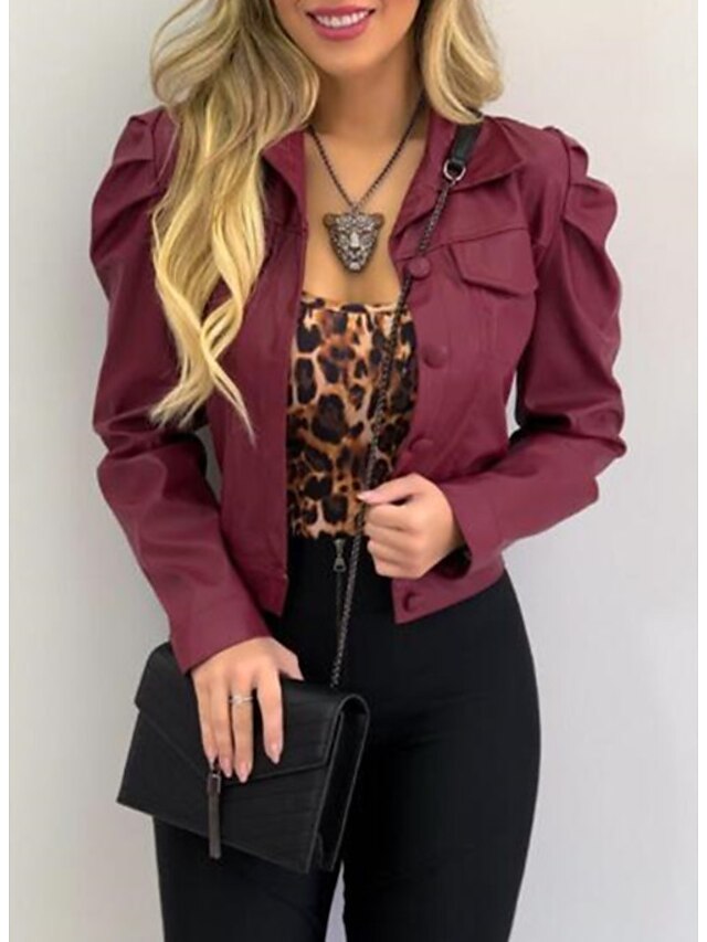  Women's Faux Leather Jacket Fall & Winter Holiday Short Coat Regular Fit Active Jacket Long Sleeve Solid Colored Wine Army Green Camel