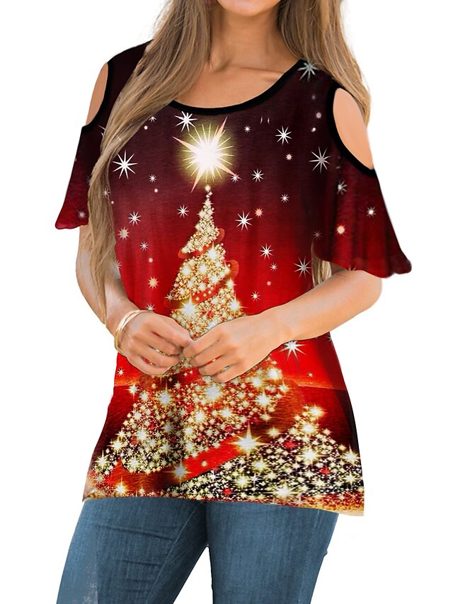  Women's Shirt Blouse Christmas Shirt Graphic Christmas Tree Red Blue Purple Cold Shoulder Half Sleeve Christmas Gift Casual Basic Print Christmas Round Neck