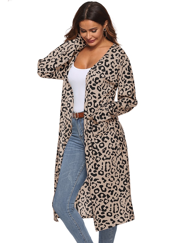  Women's Trench Coat Leopard Fall & Winter V Neck Long Coat Going out Long Sleeve Jacket Gray / Loose