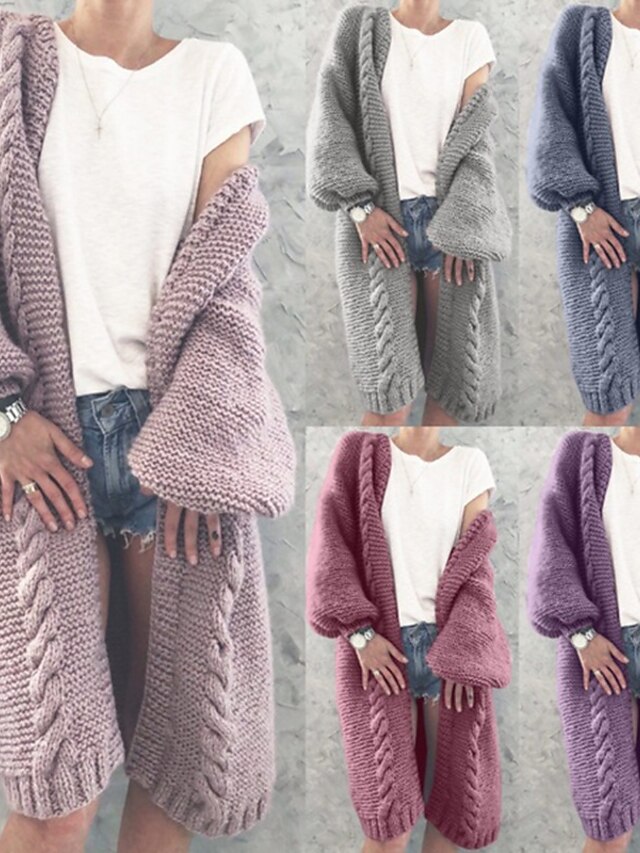  lang cardigan for kvinner ensfarget strikkefrakk genser tykk varm puff ermer pluss størrelse lange ermer jakke (XL, lilla)