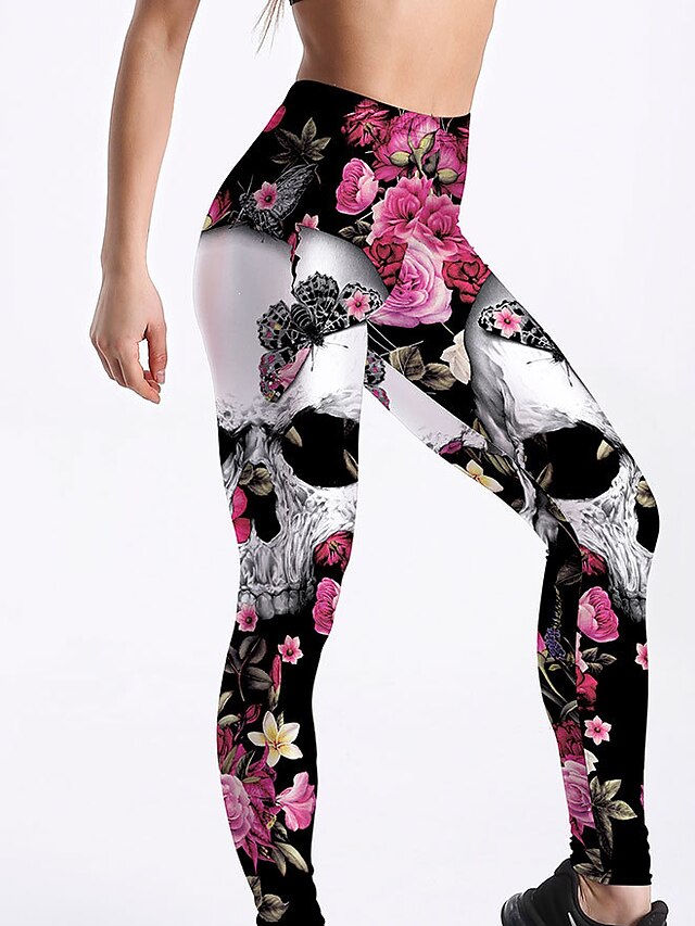  Per donna Per sport Comfort Palestra Yoga Leggings Pantaloni Teschi Fiore decorativo Alla caviglia Con stampe Rosa