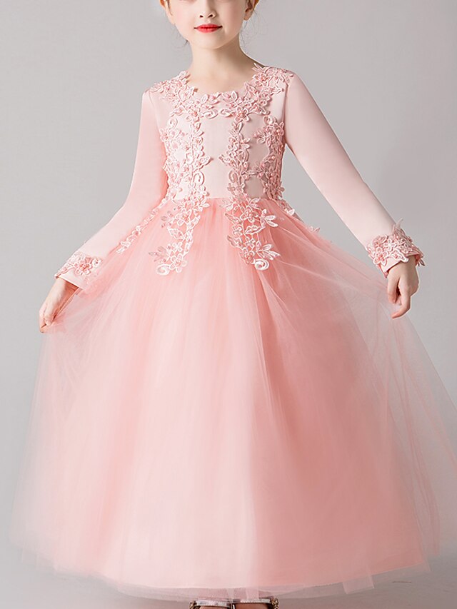  Børn Pige Kjole Blomstret Langærmet Net Sød Stil Polyester Maxi Pink prinsesse kjole Guld Hvid Lyserød