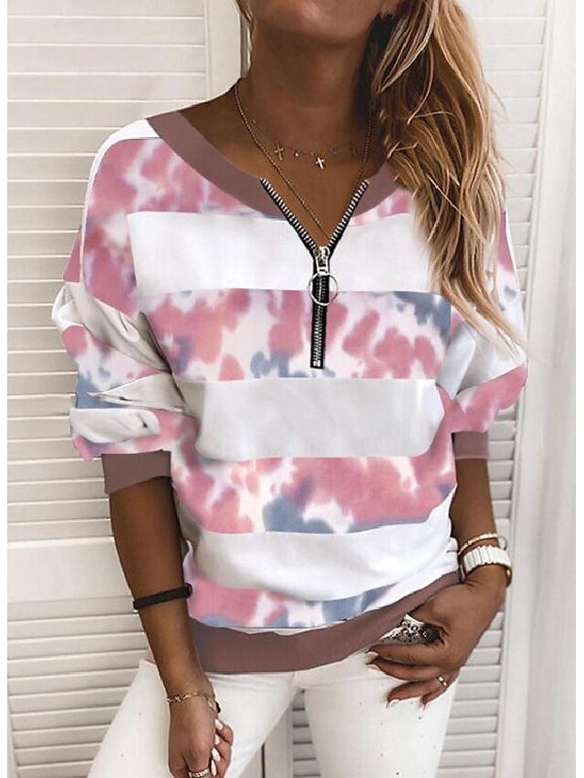  Women's Pullover Sweatshirt Color Block Tie Dye V Neck Daily Casual Hoodies Sweatshirts  Loose Blushing Pink Gray