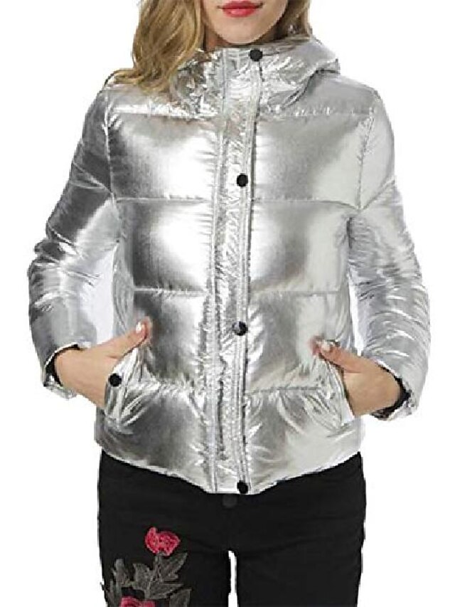  kvinders lomme puffer afslappet metallic hoodid quiltet dun overtøj frakker jakke sølv m