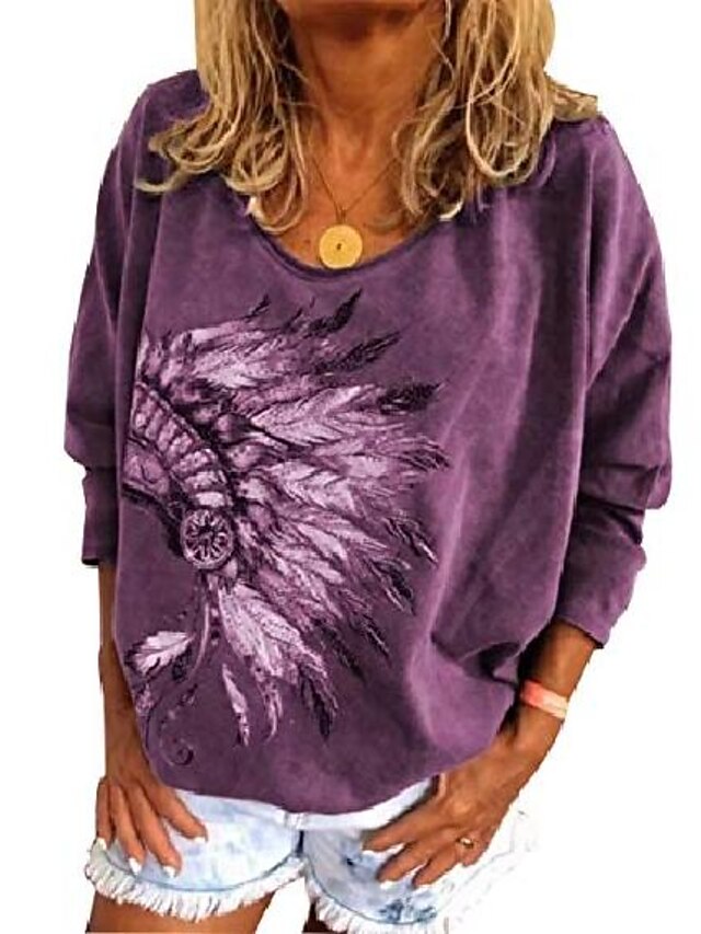  t-shirt vintage feminina indiana nativa americana cocar de penas com estampa solta de manga comprida e tops grandes roxos